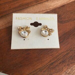 Vintage Gold Toned and Rhinestone Bow Shaped Stud Earrings